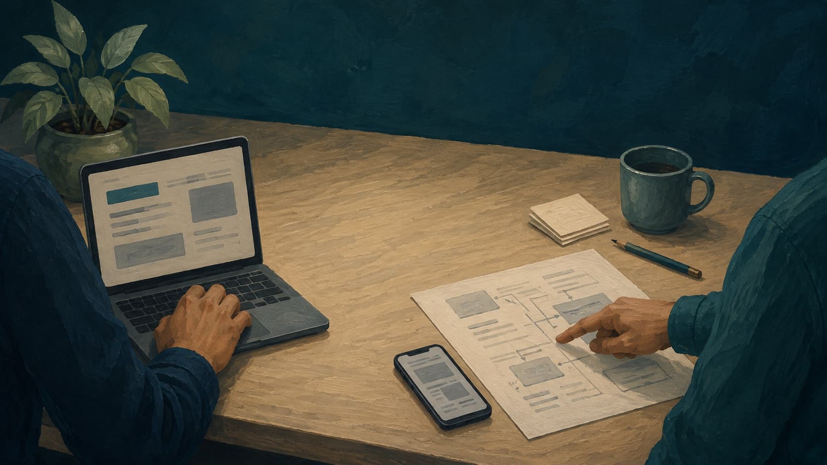 Zwei Personen an einem Schreibtisch: eine tippt am Laptop, die andere zeigt auf einen Seitenplan auf Papier, daneben ein Smartphone
