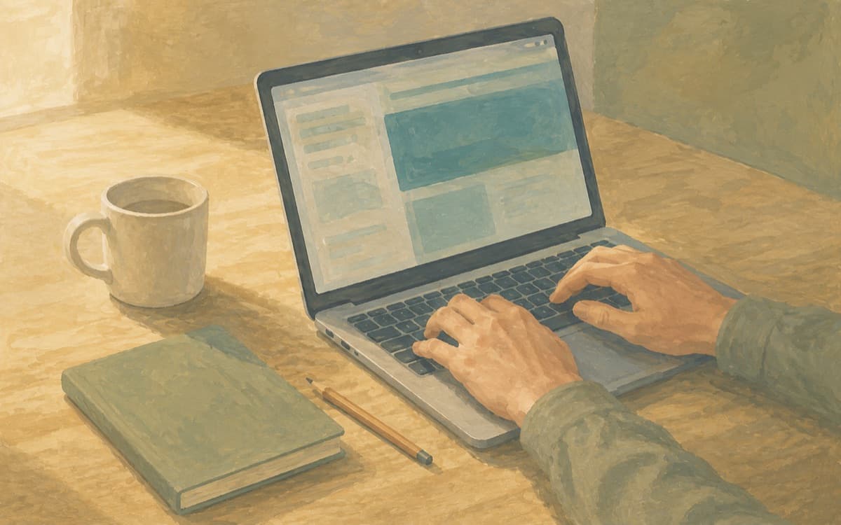 Hände tippen an einem Laptop, auf dem Bildschirm eine Website im Aufbau