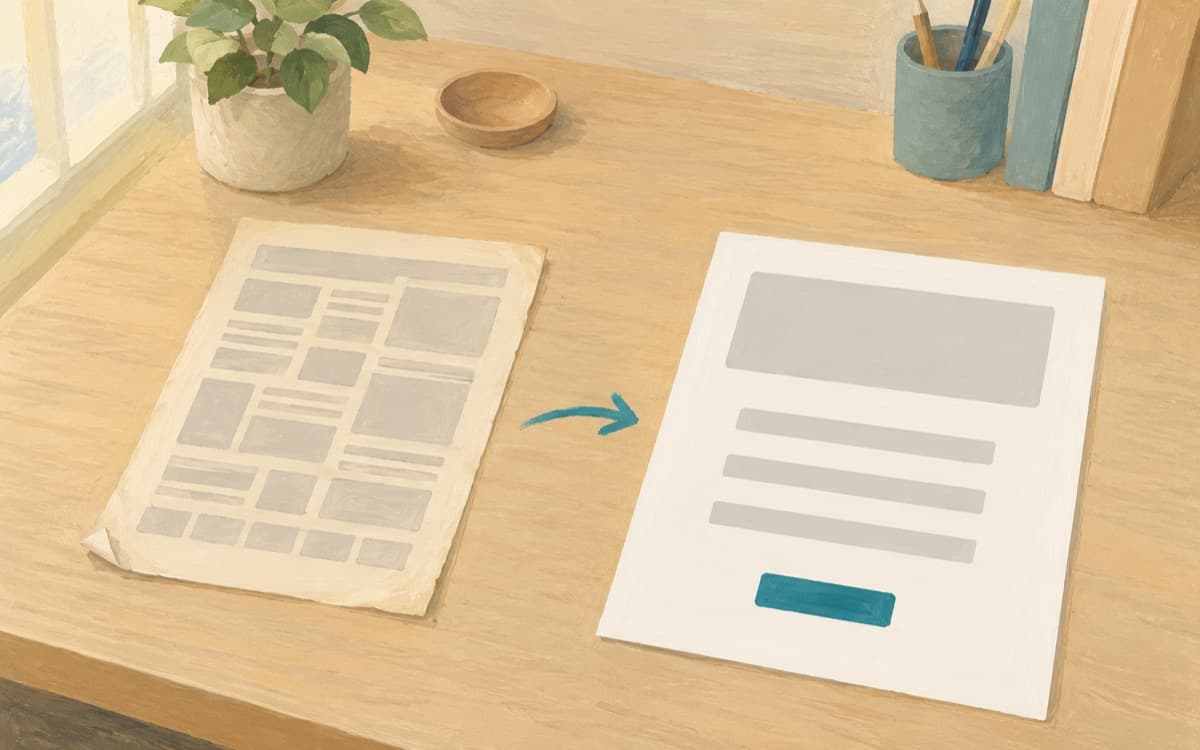 Zwei Seitenentwürfe nebeneinander: links das alte, überladene Layout, rechts das neue