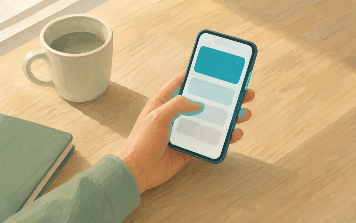 Eine Hand hält ein Smartphone mit einer Trefferliste, der oberste Eintrag ist hervorgehoben