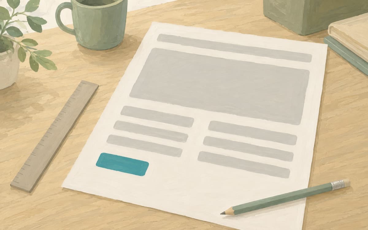 Ein Seitenlayout als Skizze auf einem Schreibtisch, daneben Lineal und Stift